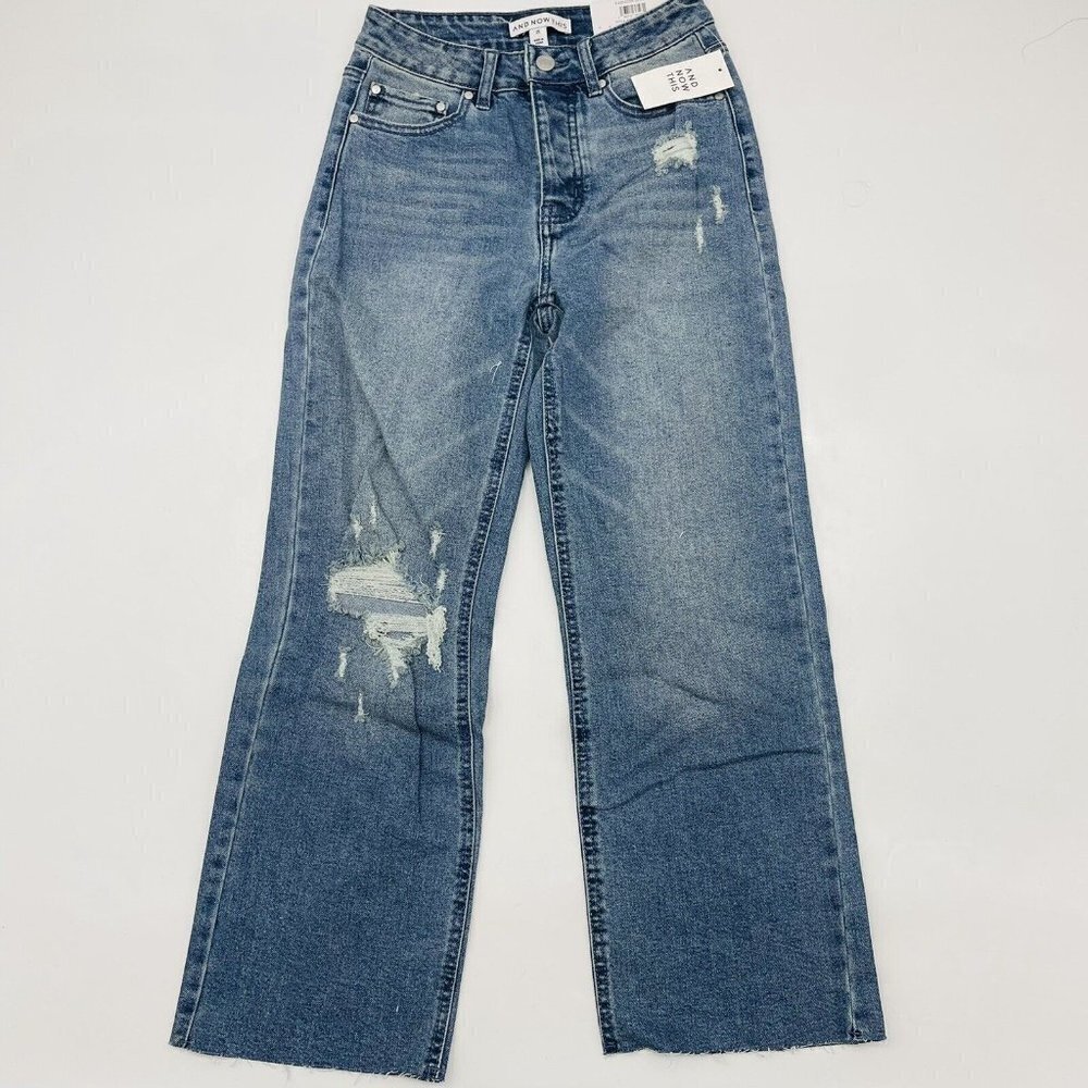 And Now This Womens Size 25 Distressed Ripped Mini Wide-Leg Jeans Sorrel Wash - Picture 2 of 7